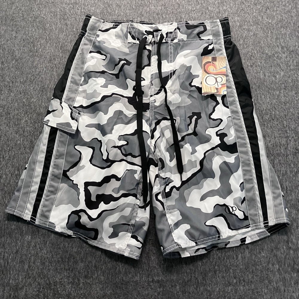 Ocean Pacific Mens Swim Trunks Small 28/30 Arctic White Camo Drawstring Lined